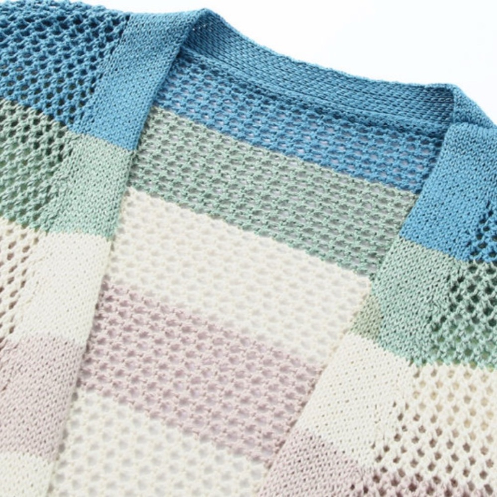 Green Striped Hollowed Knit Cardigan - Picture 6 of 10